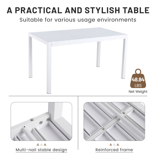 55 Inch Modern Long Table - Indoor/Outdoor Multi-Purpose Dining Table, Patio Table, Garden Table - Lightweight PP Tabletop with Metal Legs for Kitchen, Courtyard, Terrace Gatherings (White)