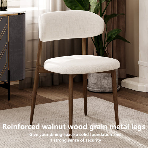 Set of 2 Metal Dining Chairs with Upholstered Seat, Woodgrain Frame, Beige Kitchen Chairs
