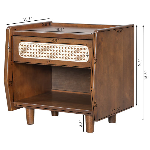 Walnut Nightstand with Rattan Detail, MDF + Solid Wood, Modern Bedroom Storage, Open Shelf & Drawer, Indoor Furniture