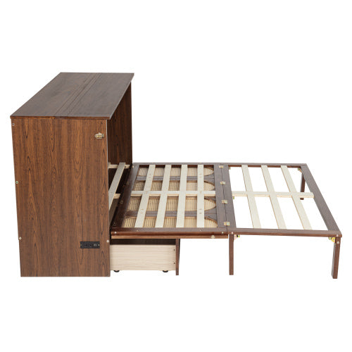 Queen Murphy Cabinet Bed with Charging Station Drawer and Rattan Panels Walnut