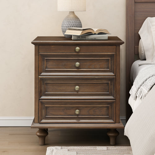 Walnut Brown Farmhouse Nightstand, 4 Drawers with Pull-Out Tray & Solid Wood Legs