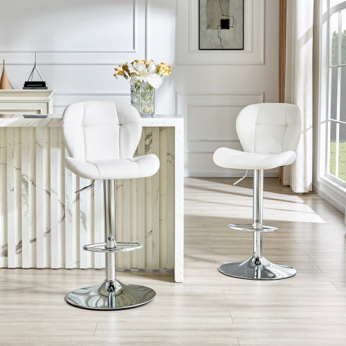 Set of 2 Height Adjustable Bar Stools, PU Upholstered Tufted Backrest Chairs with Chrome-Plated Metal Base & Footrest for Kitchen Island, Pub, Bar (White)