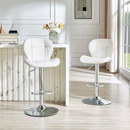 Set of 2 Height Adjustable Bar Stools, PU Upholstered Tufted Backrest Chairs with Chrome-Plated Metal Base & Footrest for Kitchen Island, Pub, Bar (White)