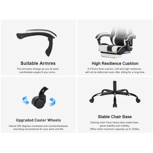 Gaming Chair with Footrest, Ergonomic Computer Chair with Headrest and Lumbar Support, Breathable Material Height Adjustable Video Game Chairs for Adults, Black White