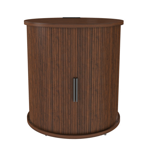 Walnut Cylinder Nightstand, Mid-Century Round Side Table with Charging Station & Sliding Door