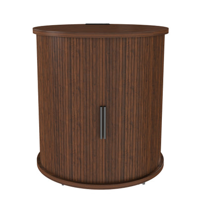 Walnut Cylinder Nightstand, Mid-Century Round Side Table with Charging Station & Sliding Door