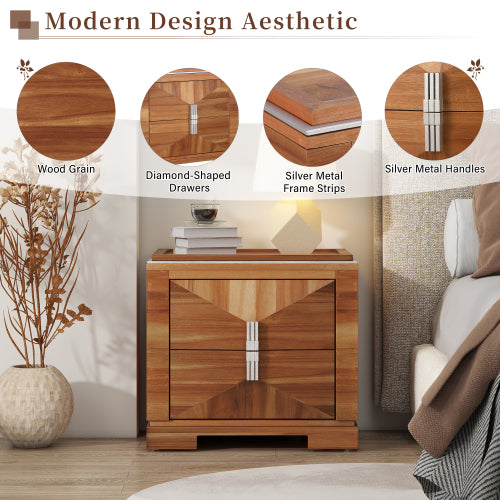 Mid-Century Modern Nightstand, 2 Drawers Wide Sofa Side Table,Wood Diamond Shaped End Table with Storage,Closet with Heavy Duty Base,Small Bedside Table for Bedroom,Living Room,Entrance, Light Brown