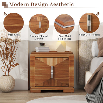 Mid-Century Modern Nightstand, 2 Drawers Wide Sofa Side Table,Wood Diamond Shaped End Table with Storage,Closet with Heavy Duty Base,Small Bedside Table for Bedroom,Living Room,Entrance, Light Brown