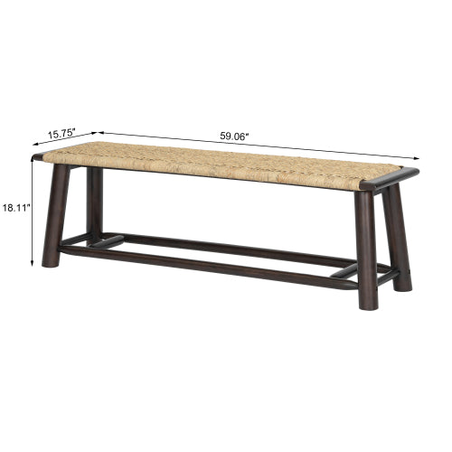 Farmhouse Modern Solid Wood Rattan Bench - 59 Inch Indoor & Covered Outdoor Bench Walnut  Finish Multi-Functional Design