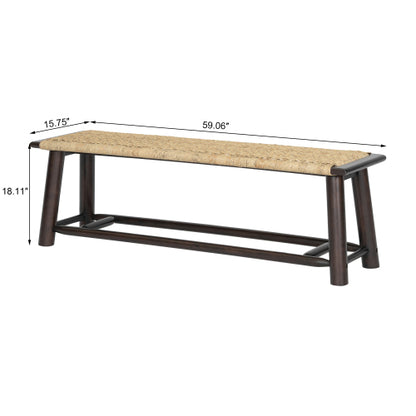 Farmhouse Modern Solid Wood Rattan Bench - 59 Inch Indoor & Covered Outdoor Bench Walnut  Finish Multi-Functional Design