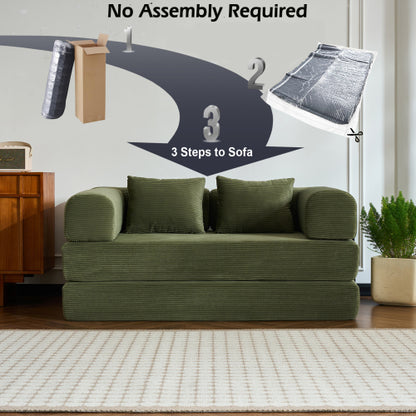 59-Inch Green Corduroy Convertible Sleeper Sofa-Bed Fixed-Shape Metal-Frame Floor Lounge Couch with Cylindrical Pillow No-Assembly