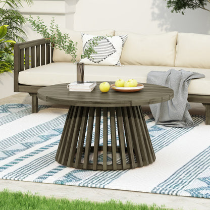 Acacia Wood Patio Furniture Set, Outdoor Grey Finish 3 Seater Daybed(with Water Resistant Thick Cushions)and Round Coffee Table, Dark Grey Cushion