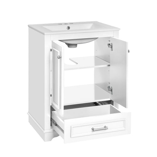 24'' Bathroom Vanity with Ceramic Sink Combo, Modern Freestanding Storage Cabinet with Silver Handles, Soft Closing Doors