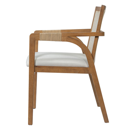 Set of 2 Walnut Rubber Wood Dining Arm Chairs, Textilene Back & PE Rattan Armrest