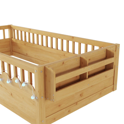 Twin Montessori Floor Bed Frame with High Rails, Wood Kids Floor Beds with Light and Storage Shelf, Natural