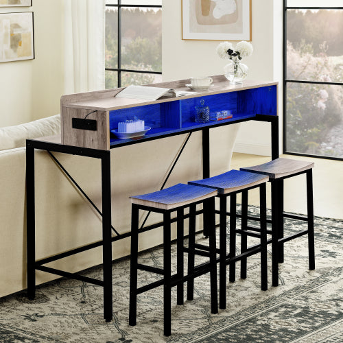 4-Piece 59inch  Bar Table Set with LED & Outlet, MDF Table & 3 Saddle Stools