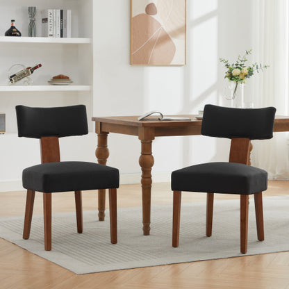Set of 2 Black Linen Curved Wingback Dining Chairs, Light Brown Rubber Wood Legs 250lbs Weight Limit