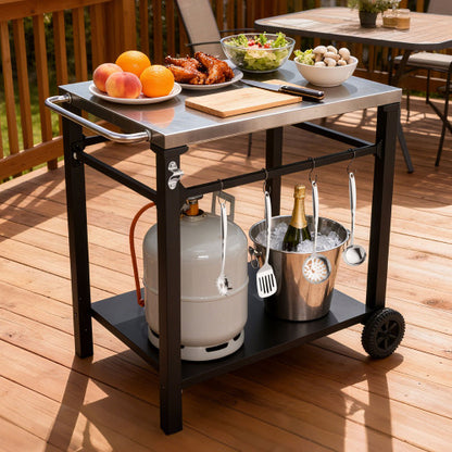 2-Tier Outdoor Grill Cart with Locking Wheels & Tool Hooks, Movable BBQ Prep Table, Rolling Serving Bar Cart for Patio, Backyard, Pizza Oven Stand, Black