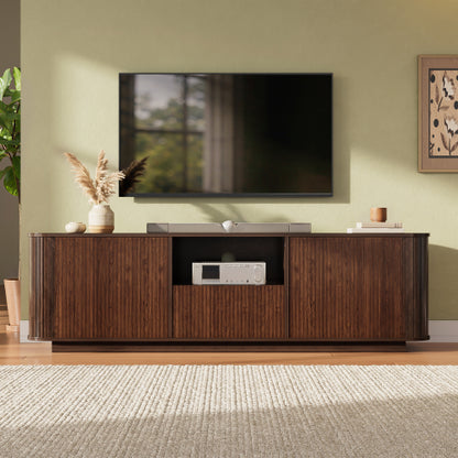 70 inch Modern TV Stand for TVs Up to 80 inch, Wood Grain Media Console with Storage, Curved Corners