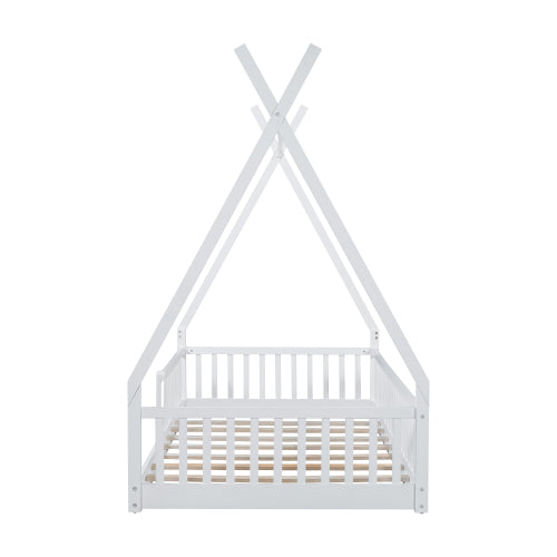 Twin Size Wood House Bed with Fence, White