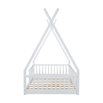 Twin Size Wood House Bed with Fence, White