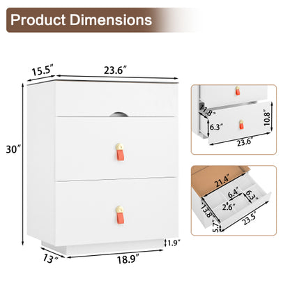 3-Drawer 30'' Nightstand with  LED Light, Modern Nightstand with 3 Storage Drawers, Bedside Table with Glass Top Jewelry Storage and Faux Leather Handles for Bedroom, Livingroom, Cloakroom, White