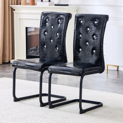 Set of 2 Retro Alligator Skin PVC Dining Chairs, Crystal Buckle Chairs with Black Powder Coated Metal Bow Legs
