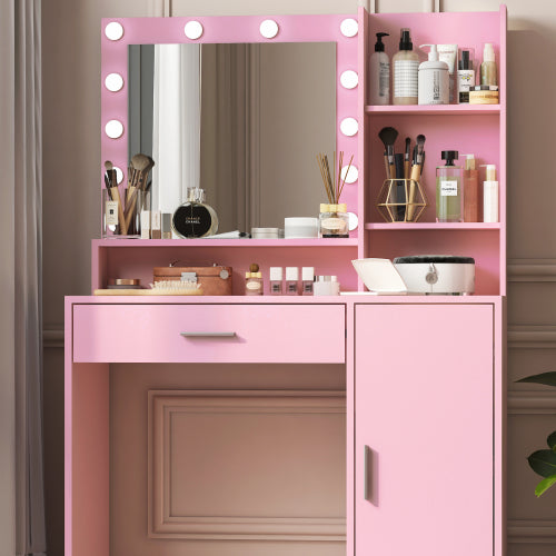 Pink Vanity Desk with Mirror & Light, 12 LED Bulbs, Large Drawer, 3 Shelves & 3-Level Cabinets, 3 Lighting Modes