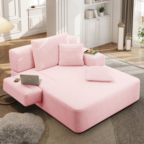 Oversized Baby Pink Corduroy Convertible Sofa Bed w/Storage Pockets