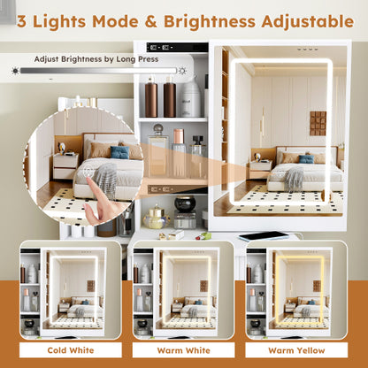 White LED Lighted Makeup Vanity Table with 4 Drawers & Shelves, Power Outlet, Dryer Holder & Chair, Modern Bedroom Dresser