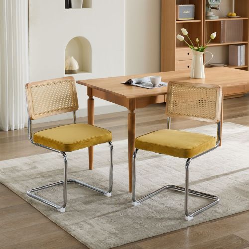 Set of 2 Golden Cane Back Cantilever Dining Chairs, Velvet Upholstered Chrome Double Steel Pipe Base 360 LBS Capacity