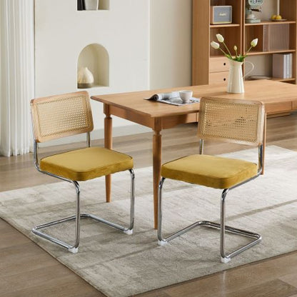 Set of 2 Golden Cane Back Cantilever Dining Chairs, Velvet Upholstered Chrome Double Steel Pipe Base 360 LBS Capacity