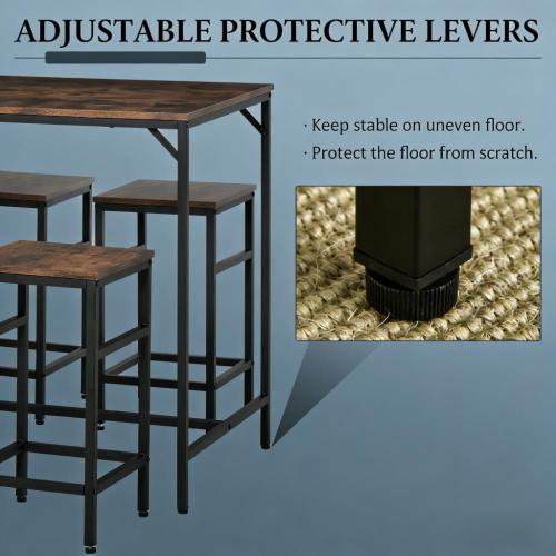 5-Piece Rustic Brown & Black Dining Set, Wood & Steel Counter Height Table with 4 Space-Saving Stools