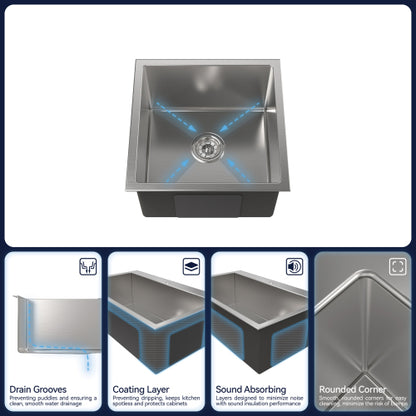 Stainless Steel Kitchen Sink, 18″x18″ Single Bowl, Undermount HandmadeSink in Brushed Nickel, with US Standard Drain and Hook, LS-SSBR07