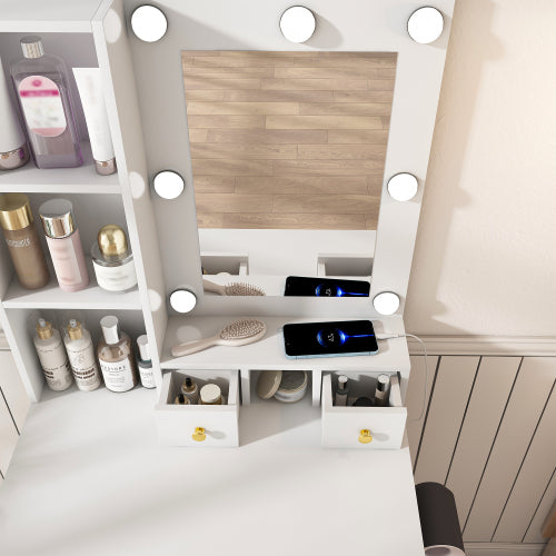Vanity Table with Mirror & Adjustable LED Lights, Power Outlet, Hairdryer Holder & Stool ¨C Compact Dressing Desk for Small Bedrooms(White)
