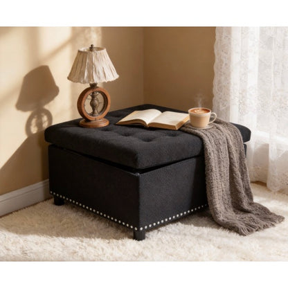 Black Tufted Square Storage Ottoman with Nailhead Trim, Multi-Functional Upholstered Footstool for Living Room & Bedroom