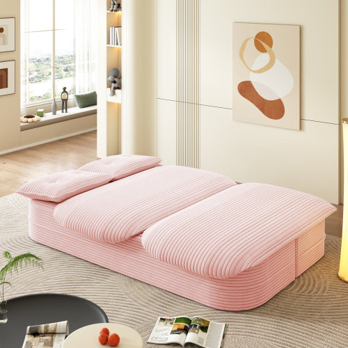 78.7-Inch Baby-Pink Convertible Corduroy Sleeper Floor Sofa-Bed with Zip-On Blanket & 2 Pillows No-Assembly