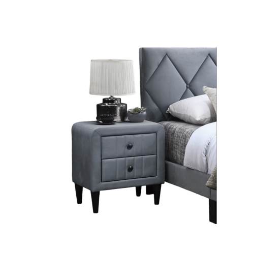 Grey Velvet 2-Drawer Nightstand with Tempered Legs