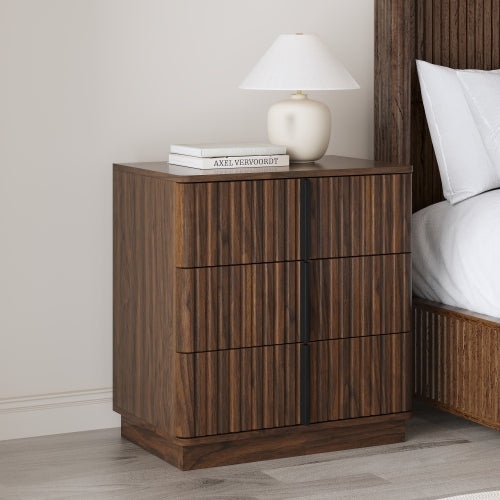 Walnut Vintage Nightstand, 25.39inch Vertical Stripe Cabinet with 3 Drawers