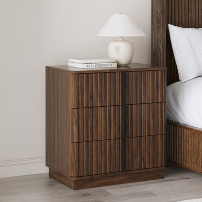 Walnut Vintage Nightstand, 25.39inch Vertical Stripe Cabinet with 3 Drawers