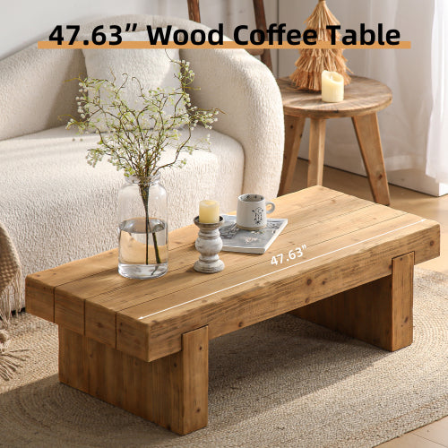 Rectangular Farmhouse Solid Wood Coffee Table, Low Profile Rustic Accent Table