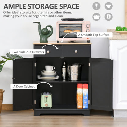 Sideboard with Solid Wood Countertop, Modern Kitchen Storage Cabinet, Coffee Bar Cabinet with 2 Drawers, Doors and Adjustable Shelf, Black