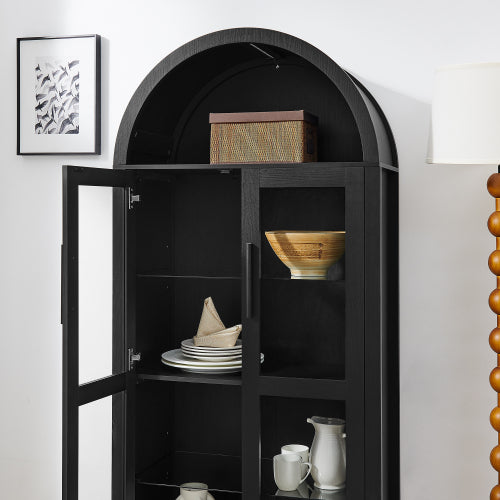 Black High Arched LED Light Storage Cabinet MDF Poplar Wood Adjustable Glass Partition Multi-Functional Home Display Cabinet