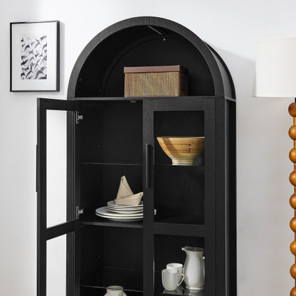 Black High Arched LED Light Storage Cabinet MDF Poplar Wood Adjustable Glass Partition Multi-Functional Home Display Cabinet