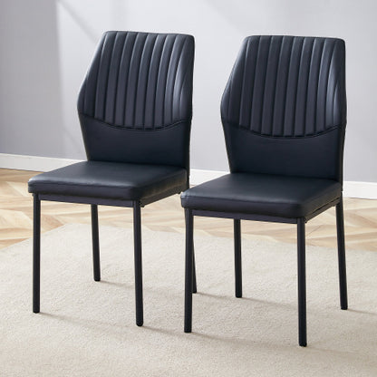 Striped Back PU Dining Chairs with Black Metal Legs, Set of 2, Black