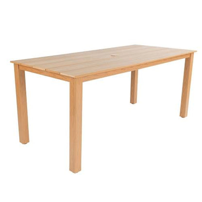 A wooden-textured imitation wood dining table, simple yet with a high quality feel. It has a small tabletop and is perfect for outdoor picnics. It is made of teak wood, measuring 68.9 inches.