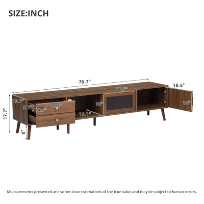 76.7 inch Natural Wood Wave Tempered Glass Door TV Stand Solid Wood Leg Media Console For 85 inch TV