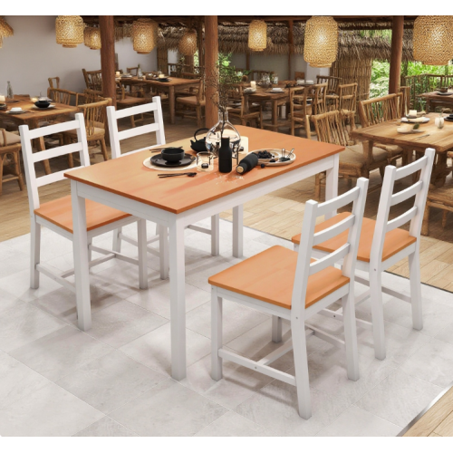5-Piece Natural Solid Pine Dining Set, Rustic Wood Table & 4 Slatted High Back Chairs