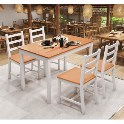 5-Piece Natural Solid Pine Dining Set, Rustic Wood Table & 4 Slatted High Back Chairs