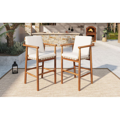 Outdoor Counter Height Bar Stools Chair Set of 2, Modern Patio Acacia Wooden Stools with Backrest Arm and Webbing Seat, for Patio, Pool, Garden, Beige Cushions Included